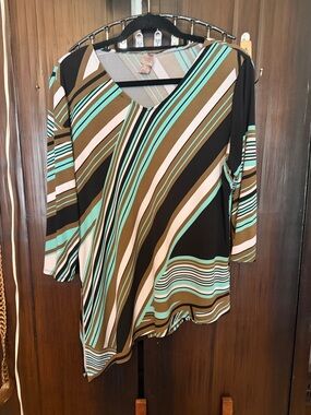 Chico's Diagonal Stripe V-Neck Tunic - Brown, Turquoise, Cream, Black